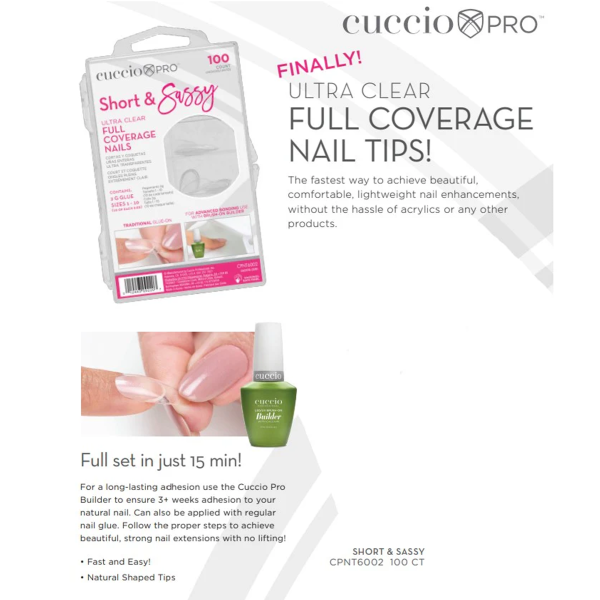 Cuccio Pro Full Coverage Nail Tips – Short & Sassy Ultra Clear (100 Count)