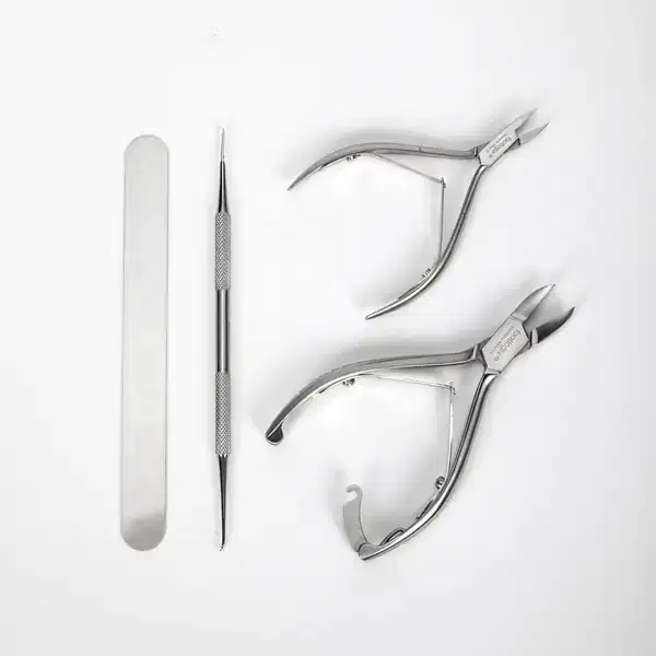 FOOTLOGIX 4 Piece Precision Implement Kit Toenail Nipper Concave Jaw With Double Spring , FlatEdge Toenail Nipper With Double Spring , Excavator Round Edge With File , Nail File Double Side S