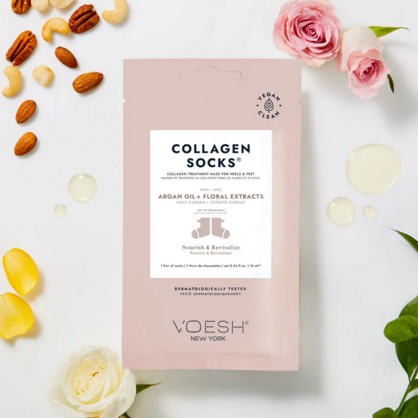 VOESH Collagen Socks. Collagen Treatment Mask For Heels & Feet. With Argan Oil + Florar Extracts. Nourish & Revitalize. Toe Tip Removable .Dermatologistic Tested.