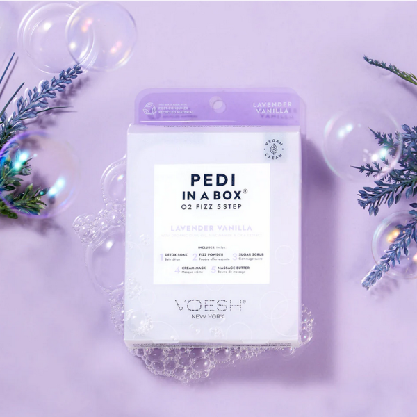 VOESH Pedi In A Box O2 Fizz 5 Step Lavender Vanilla With Organic Olive Oil, Niacinamide & Cica Extract