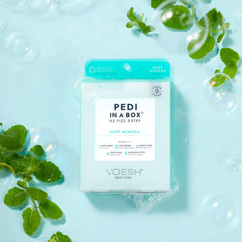 VOESH Pedi In A Box O2 Fizz 5 Step Mint Mimosa With Prganic Olive Oil, Niacinamde & Cica Extract